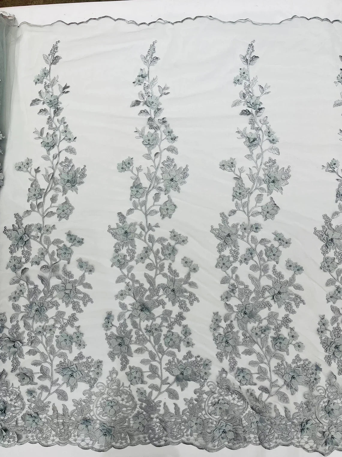 Flower 3D Fabric - Silver - Embroided Fabric Flower Pearls and Leaf Decor Sold by The Yard