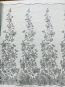 Flower 3D Fabric - Silver - Embroided Fabric Flower Pearls and Leaf Decor Sold by The Yard