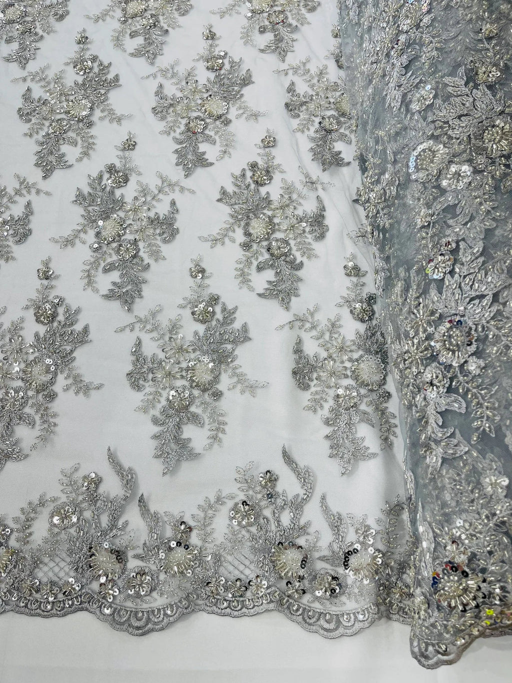 Beaded Flower Sequins Fabric - Silver - Embroidered Beaded Floral Clusters Sequins Fabric By Yard
