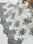 Floral Damask Lace Fabric - Silver - Embroidered Damask Flowers on Lace Fabric By Yard