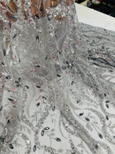 Wavy Leaf / Floral Bead Fabric - Silver - Beaded Rhinestone Embroidered on a Mesh By Yard