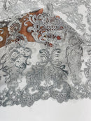 King Lace Pattern Fabric - Silver - Embroidered Sequins on Lace Mesh Fabric By Yard