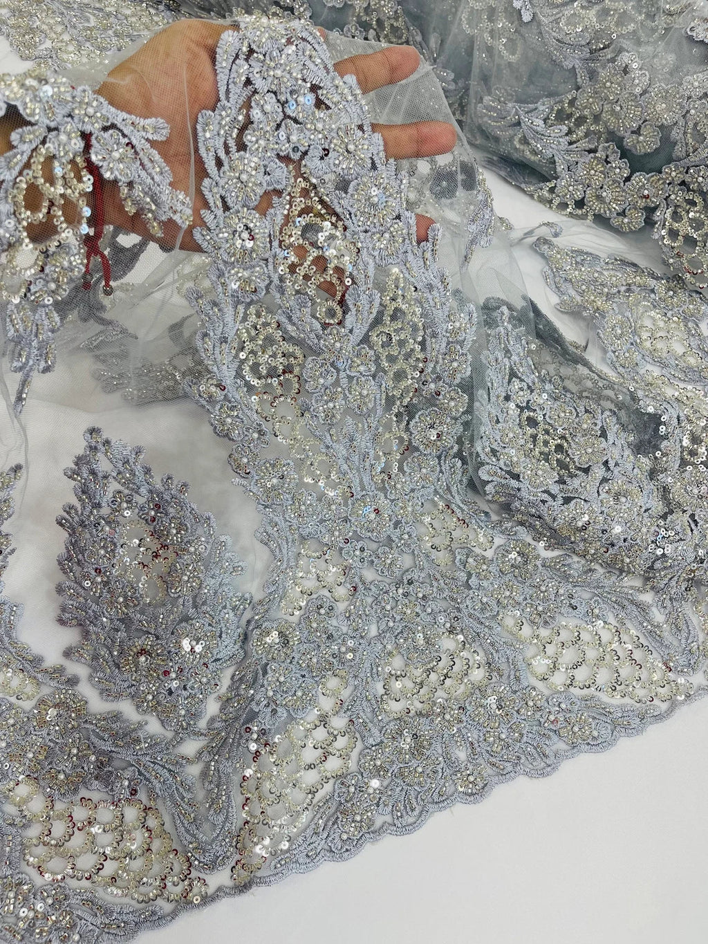 Heavy Bead Floral Fabric - Silver - Beaded Flower Design Fabric Fancy Border By Yard