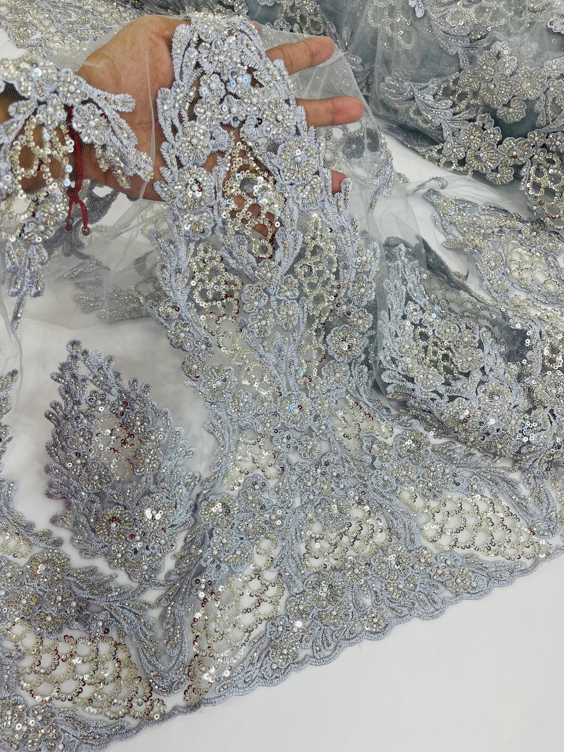 Heavy Bead Floral Fabric - Silver - Beaded Flower Design Fabric Fancy Border By Yard