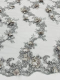 3D Lace Flower Fabric - Silver - Embroidered Sequins and 3D Floral Patterns on Lace By Yard