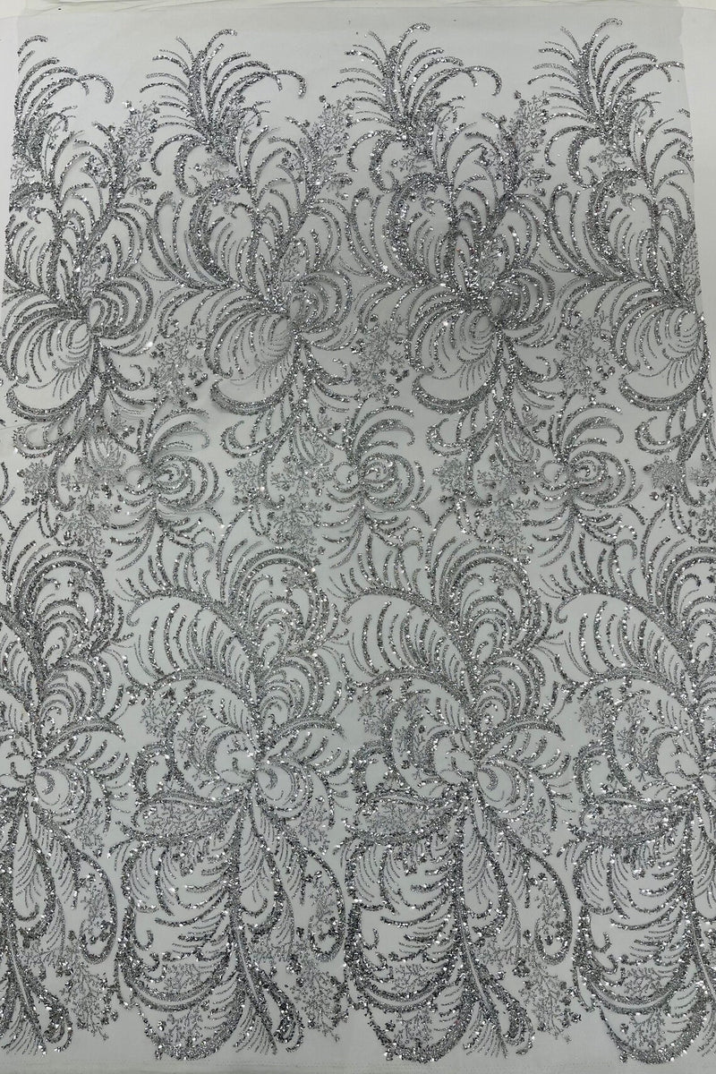 Glitter Palm Leaf Design Fabric - Silver - Tulle Mesh Glitter Leaf Design Fabric Sold By Yard