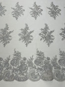 Floral Lace Flower Fabric - Silver - Floral Embroidered Fabric with Sequins on Lace By Yard