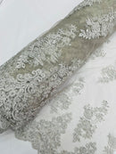Beaded Floral Fabric - Silver