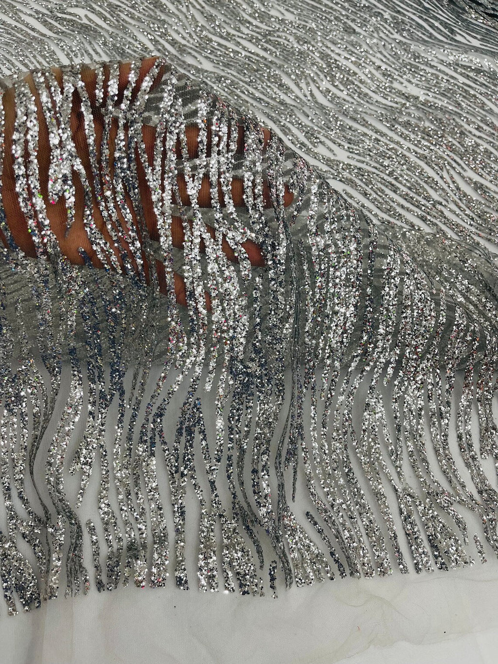 Zebra Stripe Glitter Fabric - Silver - Glitter Design Zebra Lines on Lace Fabric By Yard
