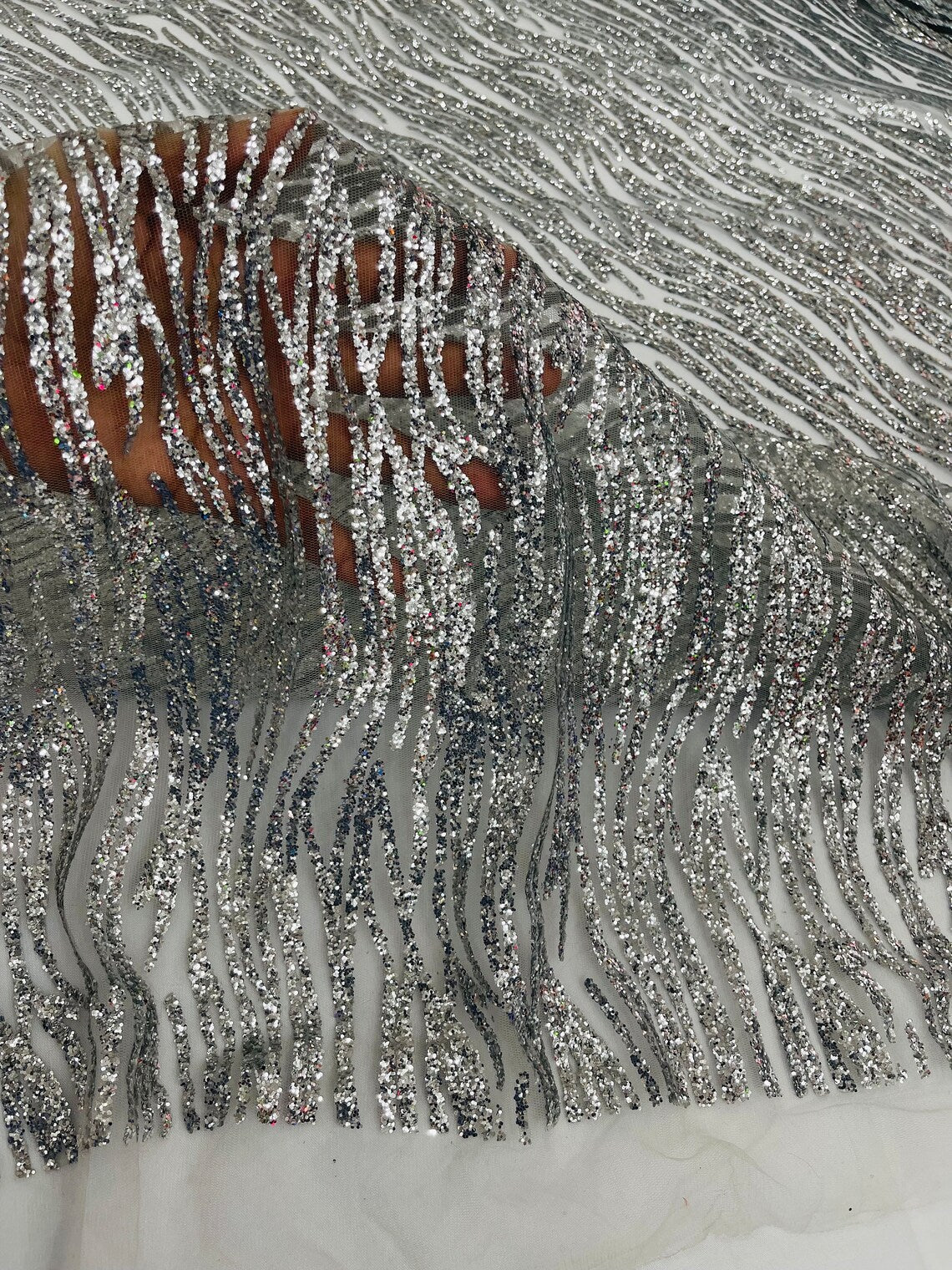 Zebra Stripe Glitter Fabric - Silver - Glitter Design Zebra Lines on Lace Fabric By Yard