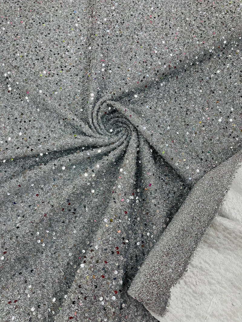 Sequins on Metallic Foil - Silver - 5mm Sequins Confetti 2Way Stretch Spandex Fabric by yard