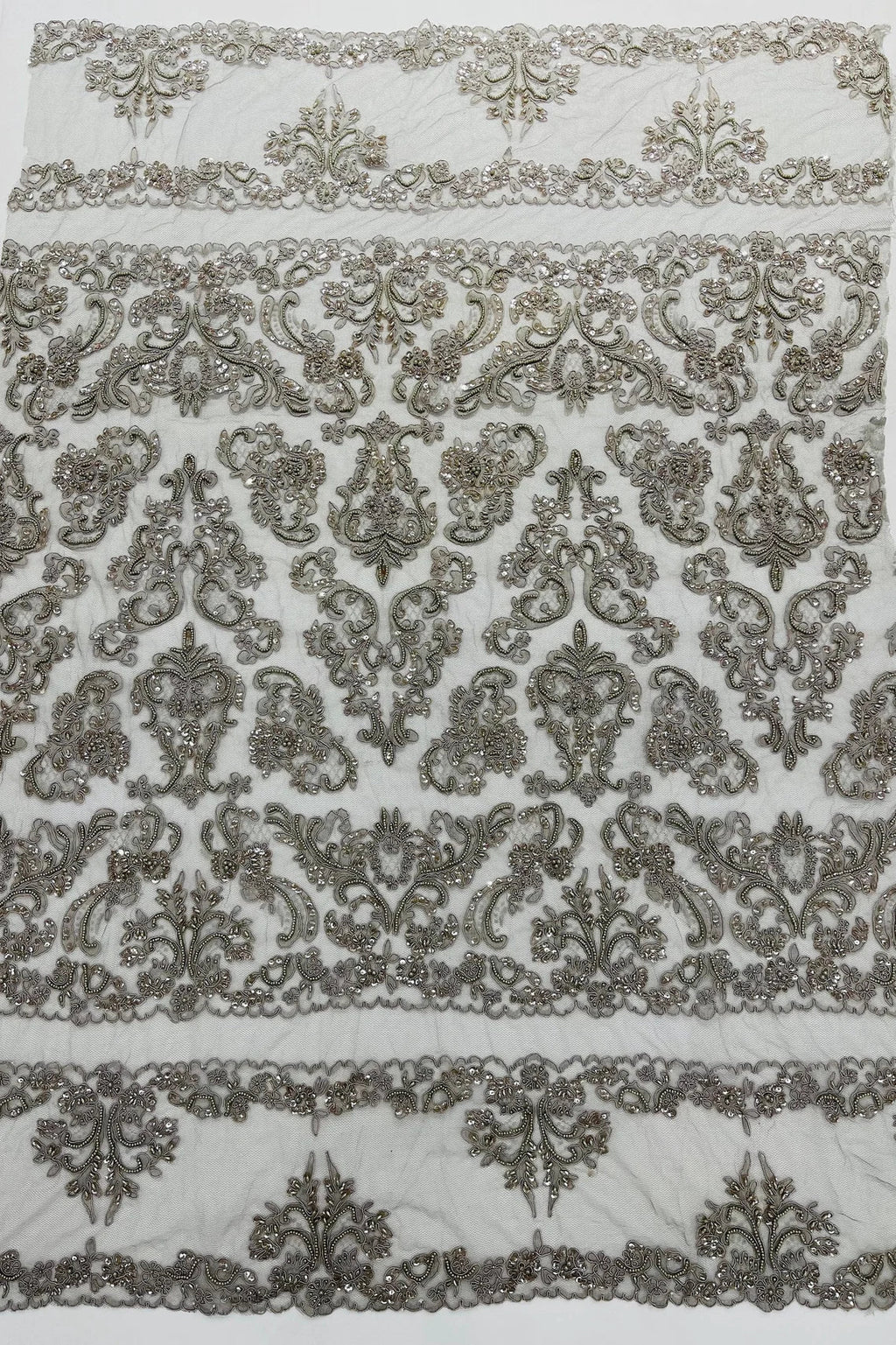 Beaded My Lady Damask Design - Silver - Beaded Fancy Damask Embroidered Fabric By Yard