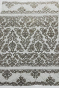 Beaded My Lady Damask Design - Silver - Beaded Fancy Damask Embroidered Fabric By Yard