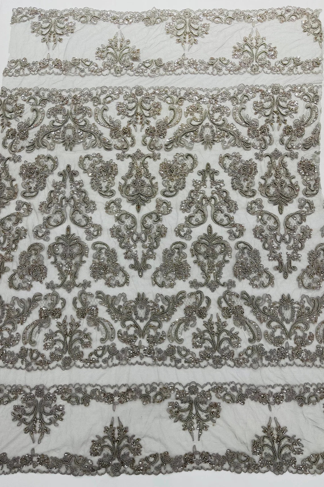 Beaded My Lady Damask Design - Silver - Beaded Fancy Damask Embroidered Fabric By Yard