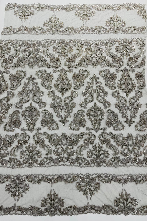 Beaded My Lady Damask Design - Silver - Beaded Fancy Damask Embroidered Fabric By Yard