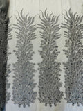 3D Beaded Peacock Feathers - Silver - Vegas Design Embroidered Sequins and Beads On a Mesh Lace Fabric (Choose The Panels)