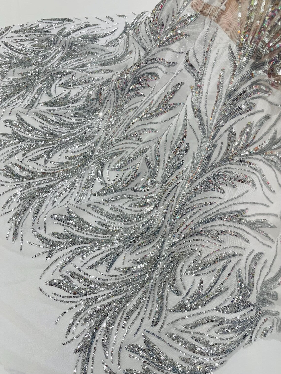 Leaf Design Stretch Sequins - Silver - 4 Way Stretch Lace Mesh Sequins Fabric by Yard