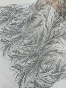 Leaf Design Stretch Sequins - Silver - 4 Way Stretch Lace Mesh Sequins Fabric by Yard
