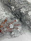 3D Flower Glitter Fabric - Silver - Floral Glitter Sequin Design on Lace Mesh Fabric by Yard