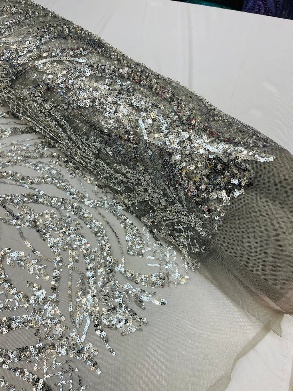 Floral Beaded Wavy Fabric - Silver - Beaded Sequins Wavy Embroidered Fabric Sold By Yard