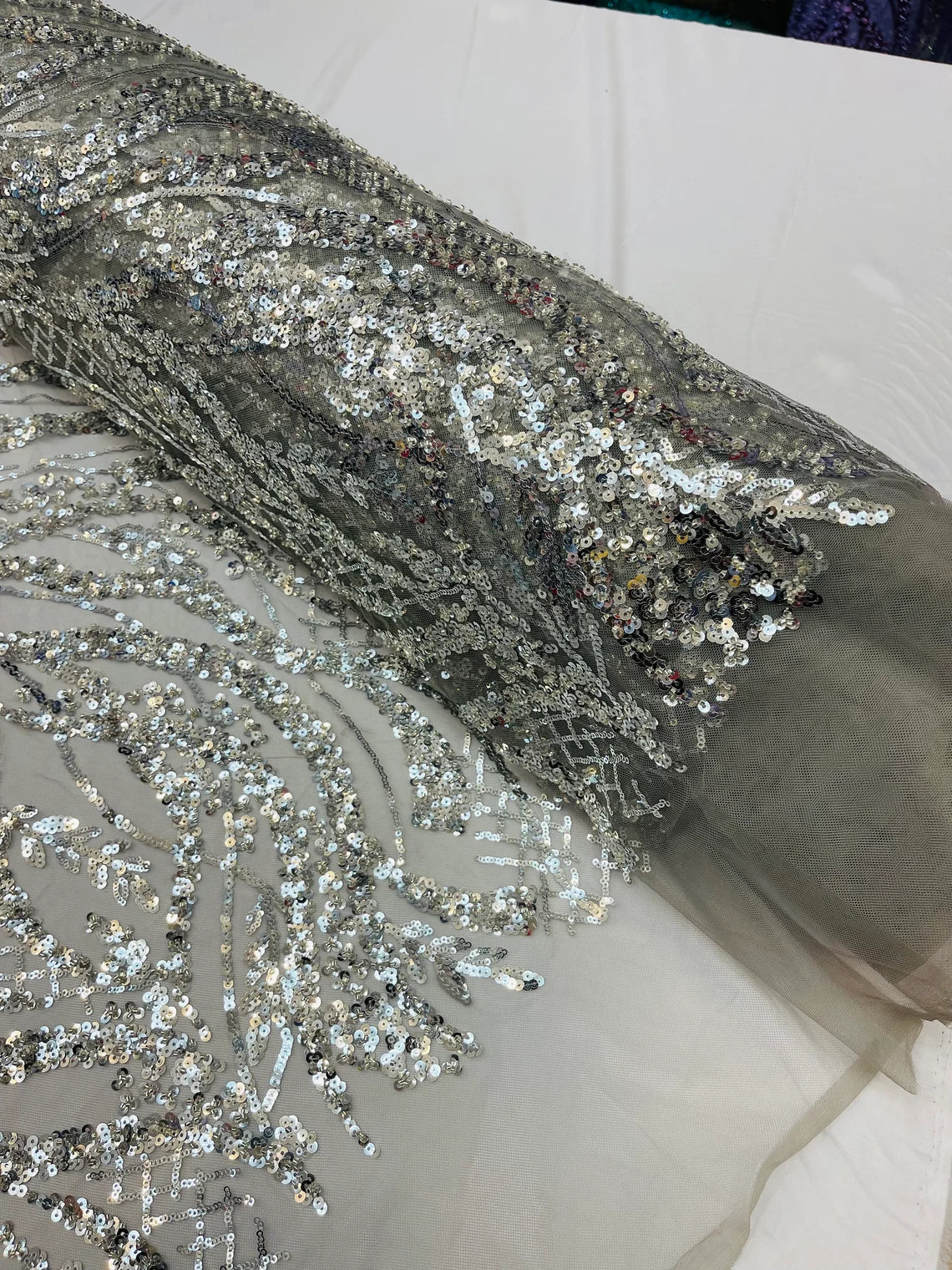 Floral Beaded Wavy Fabric - Silver - Beaded Sequins Wavy Embroidered Fabric Sold By Yard
