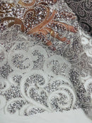 Beaded Swirl Design Fabric - Silver - Swirl Design with Beads and Sequins on Lace by Yard