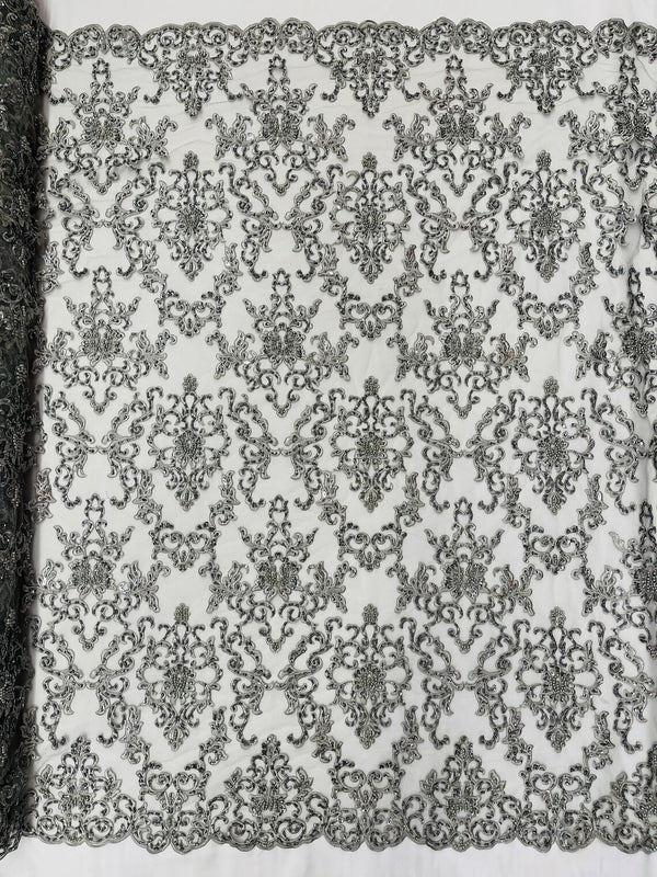 Butterfly Bead Sequins Fabric - Silver - Damask Beaded Sequins Lace Fabric by the yard