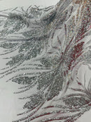 Wavy Leaf Sequins Fabric - Silver - Wavy Lines and Leaves Design on Lace Mesh Fabric by Yard