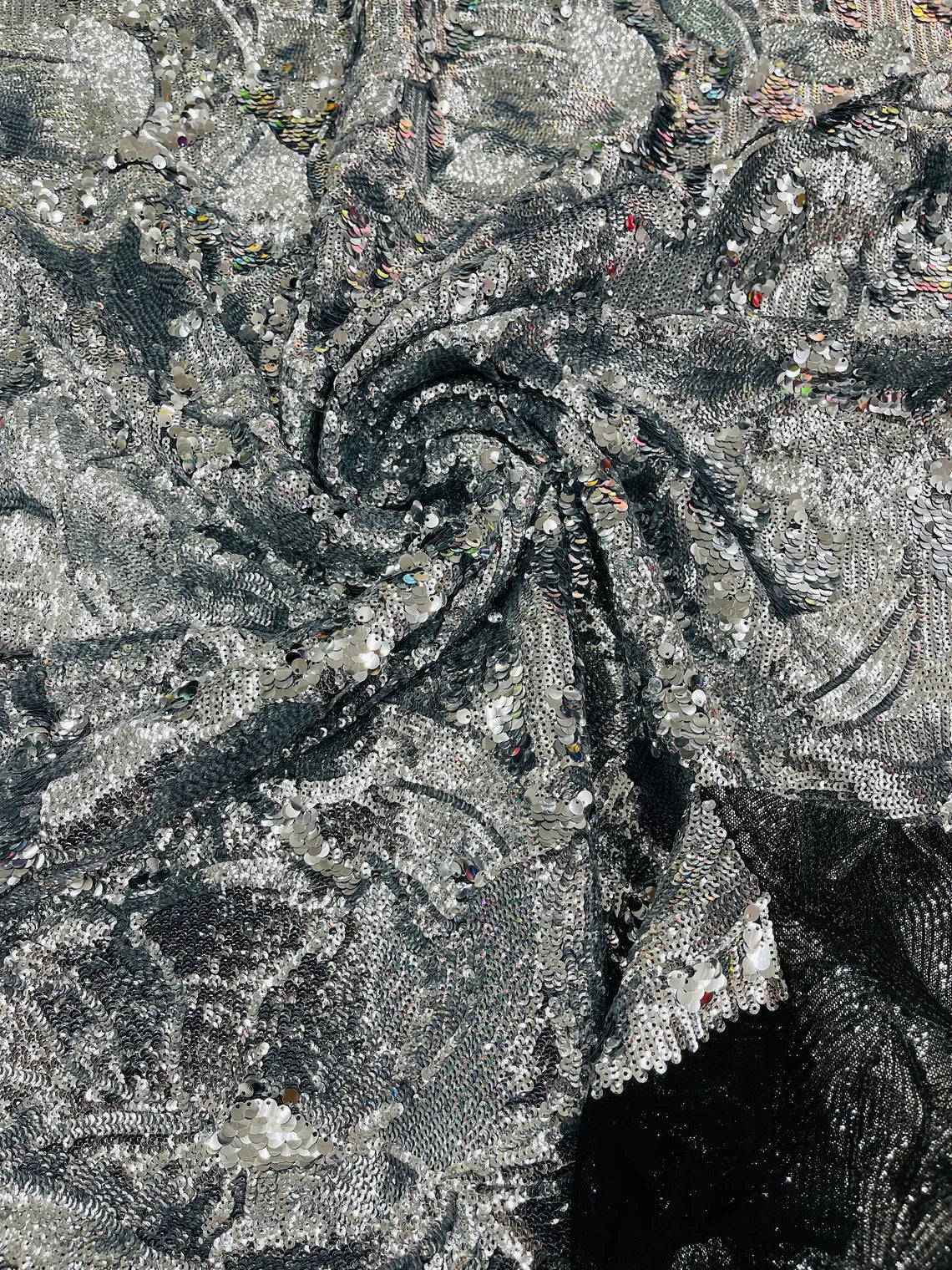 Orchid Design Sequins - Silver - 4 Way Stretch Full Sequins Floral Design Mesh Fabric By Yard