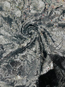 Orchid Design Sequins - Silver - 4 Way Stretch Full Sequins Floral Design Mesh Fabric By Yard