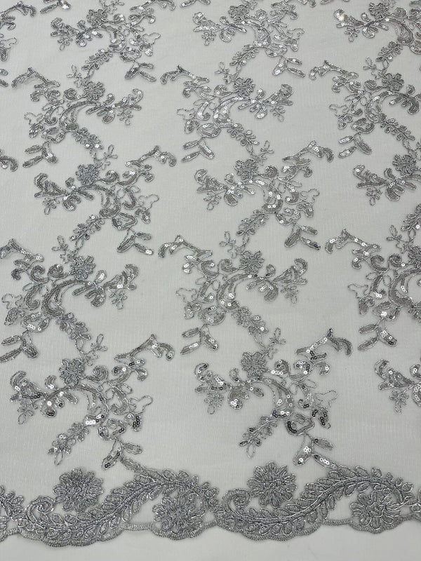 Floral Sequins Lace Fabric - Silver - Embroidery Flower Clusters Design with Shiny Sequins  Fabric Sold By Yard