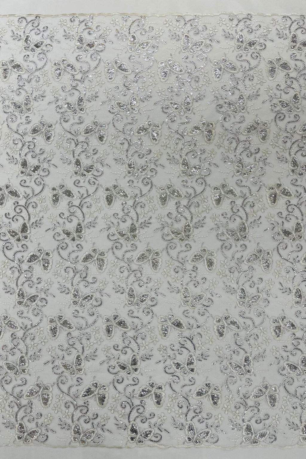 Butterfly Sequins Fabric - Silver - Metallic Floral Butterfly Design on Lace Fabric By Yard