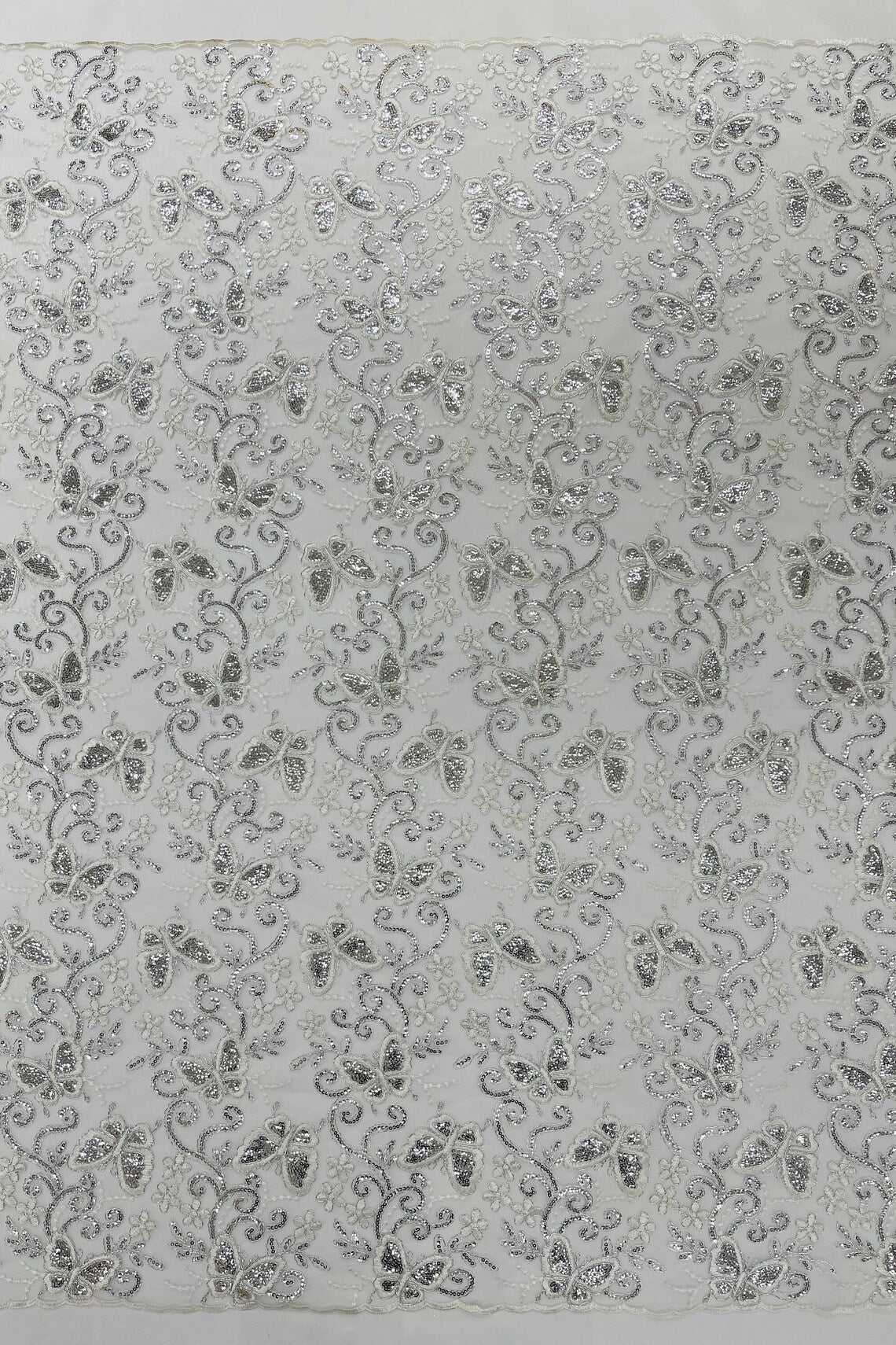 Butterfly Sequins Fabric - Silver - Metallic Floral Butterfly Design on Lace Fabric By Yard