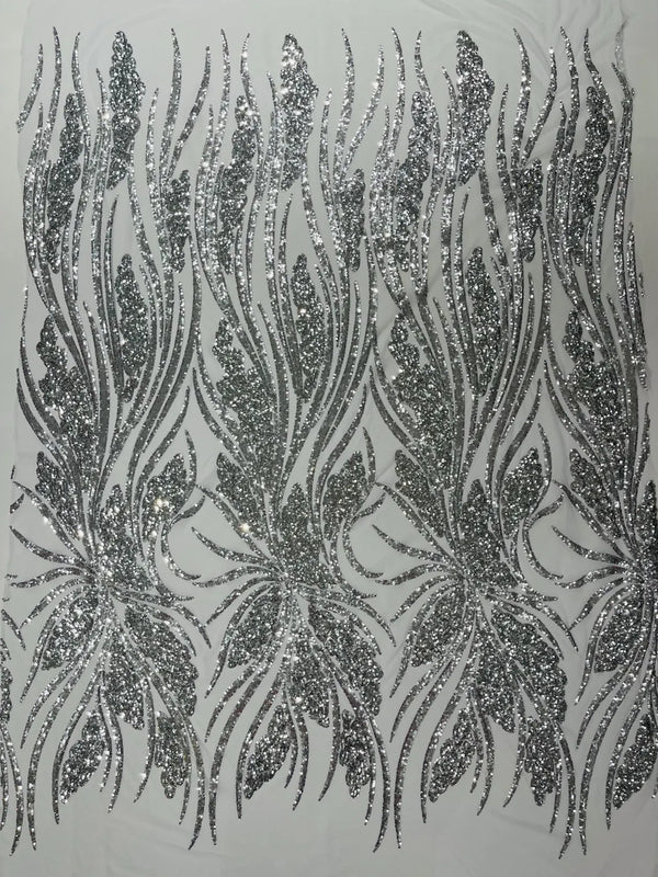 Wavy Leaf Sequins Fabric - Silver - Wavy Lines and Leaves Design on Lace Mesh Fabric by Yard