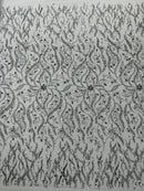Wavy Leaf / Floral Bead Fabric - Silver - Beaded Rhinestone Embroidered on a Mesh By Yard