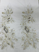 Peacock Feathers Lace Fabric - Silver - Peacock Feather Design on Lace Mesh Fabric Sold by Panel