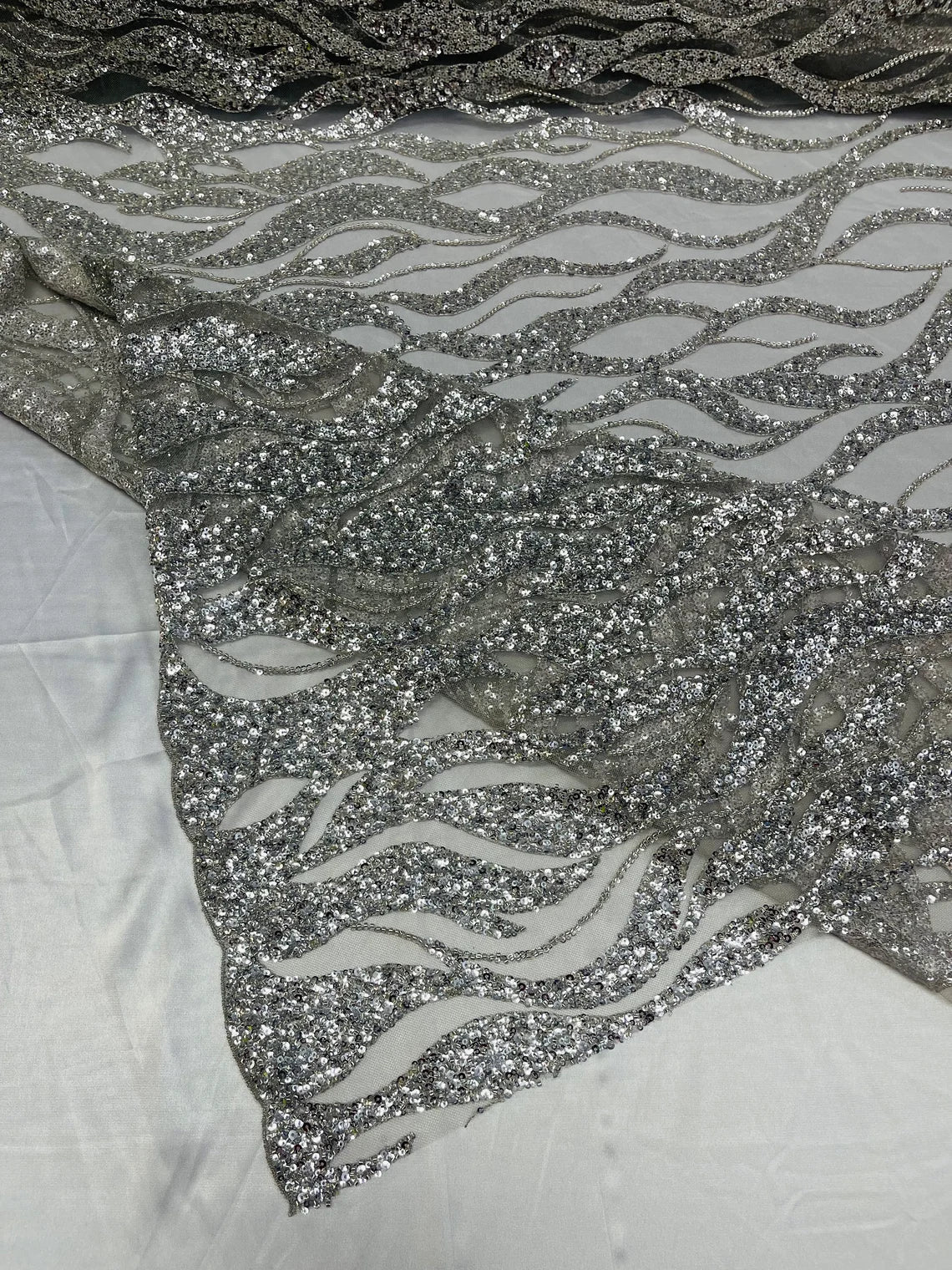 Fire Flames Design Bead Fabric - Silver - Beaded Embroidered Fire Pattern Fabric By Yard