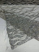 Fire Flames Design Bead Fabric - Silver - Beaded Embroidered Fire Pattern Fabric By Yard