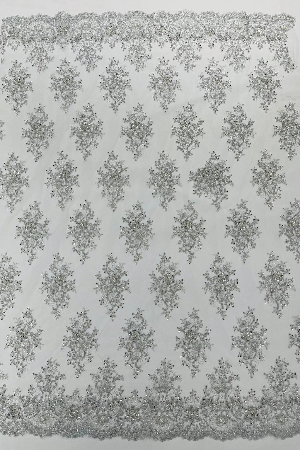 Floral Pearl Bead Fabric - Silver - Flower Design with Beads and Sequins Fabric Sold By Yard