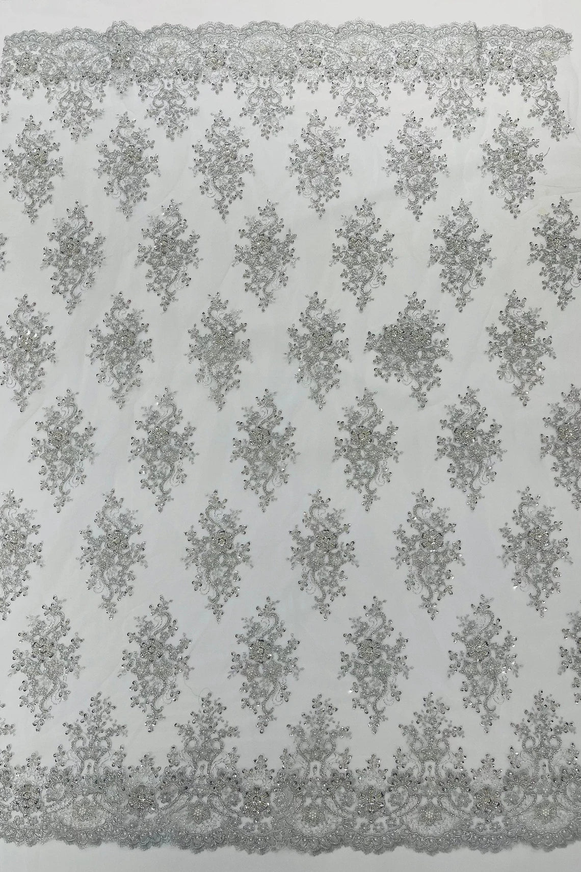 Floral Pearl Bead Fabric - Silver - Flower Design with Beads and Sequins Fabric Sold By Yard