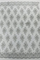 Floral Pearl Bead Fabric - Silver - Flower Design with Beads and Sequins Fabric Sold By Yard