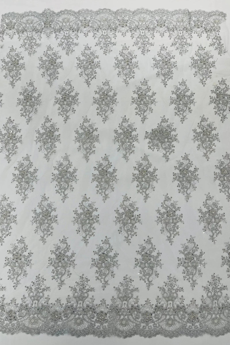 Floral Pearl Bead Fabric - Silver - Flower Design with Beads and Sequins Fabric Sold By Yard