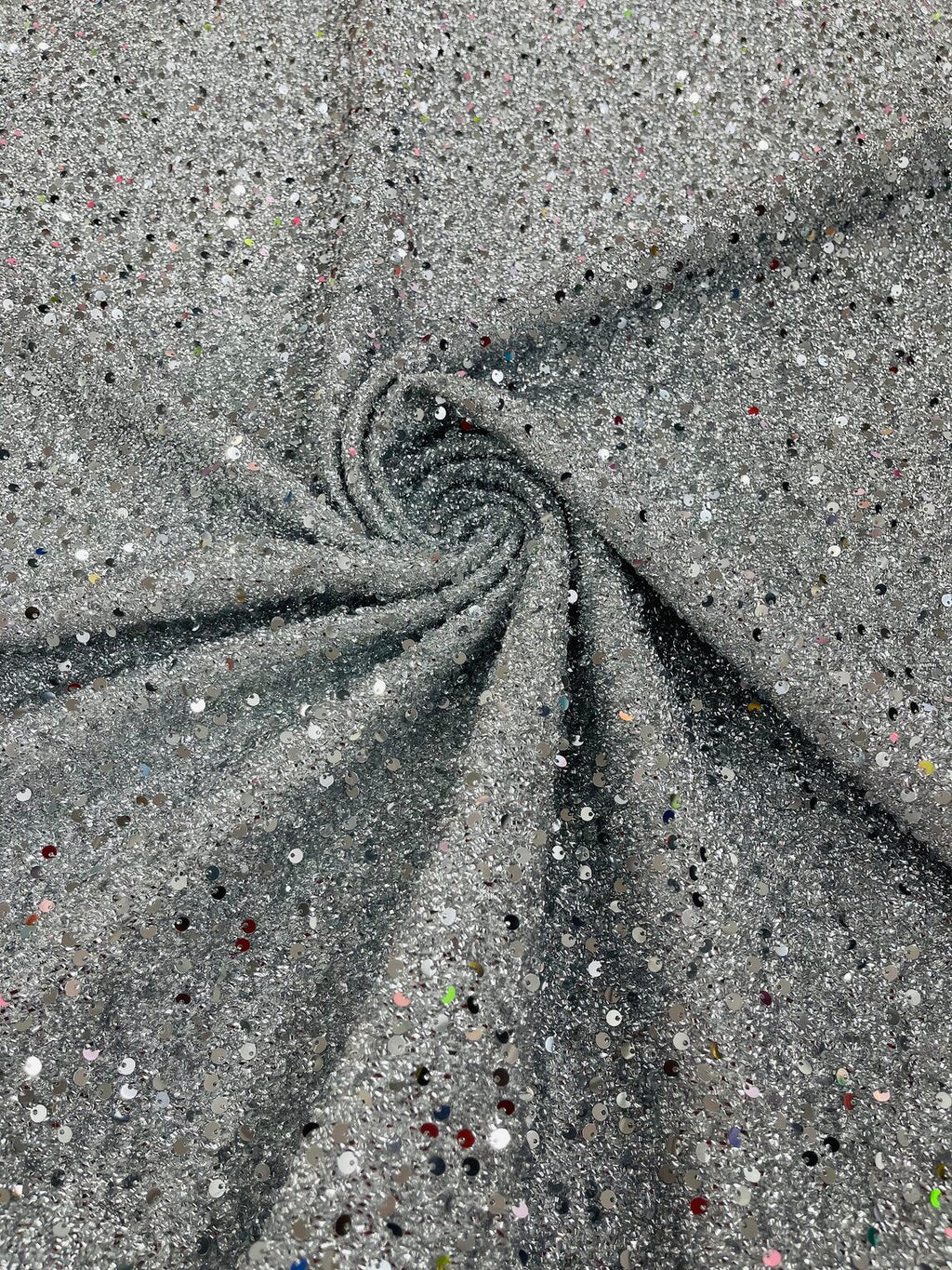 Sequins on Metallic Foil - Silver - 5mm Sequins Confetti 2Way Stretch Spandex Fabric by yard