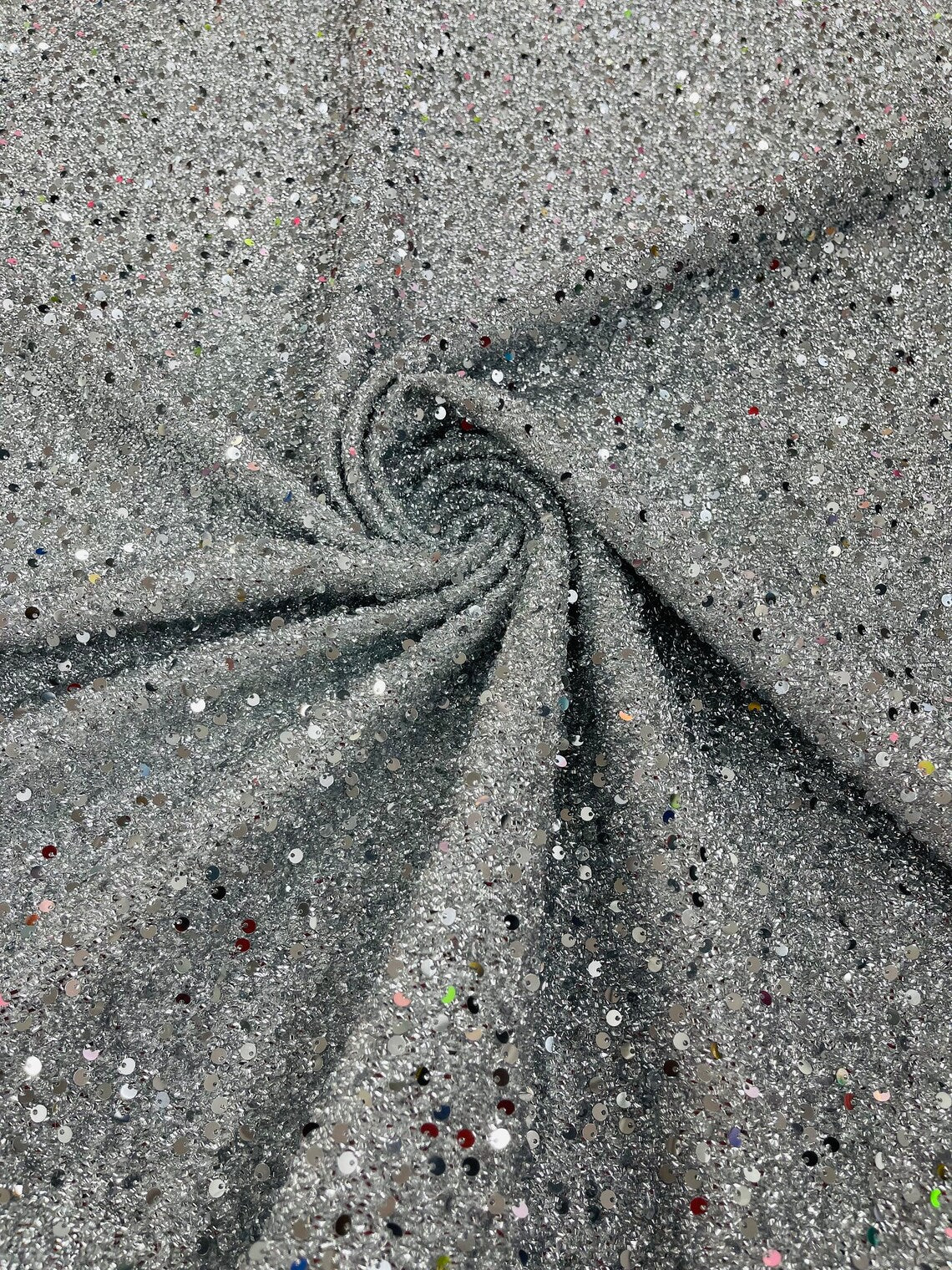 Sequins on Metallic Foil - Silver - 5mm Sequins Confetti 2Way Stretch Spandex Fabric by yard