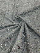 Sequins on Metallic Foil - Silver - 5mm Sequins Confetti 2Way Stretch Spandex Fabric by yard