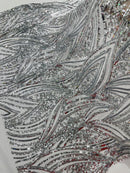Curvy Line Design Fabric - Silver - 4 Way Stretch Sequins Design Mesh Lace Fabric by Yard