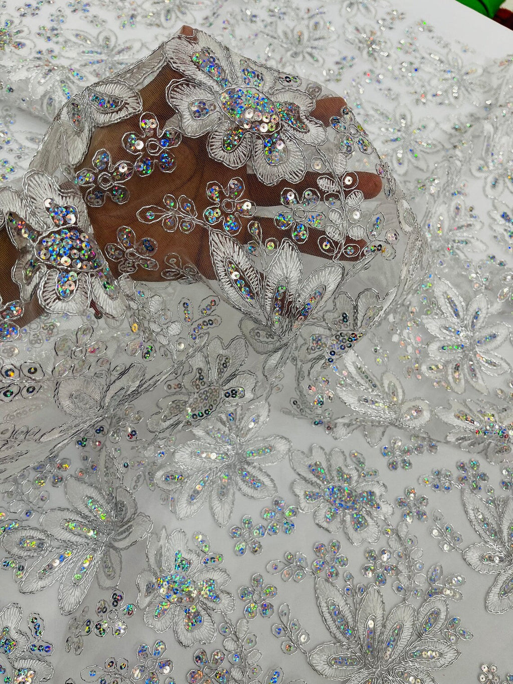 Corded Lace Floral Fabric - Silver - Hologram Sequins Metallic Thread Floral Fabric by Yard