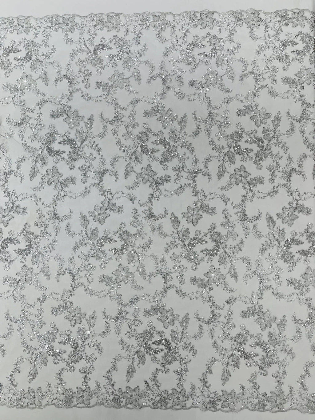 Floral Metallic Lace Fabric - Silver - Corded Embroidered Floral Sequins Fabric by Yard