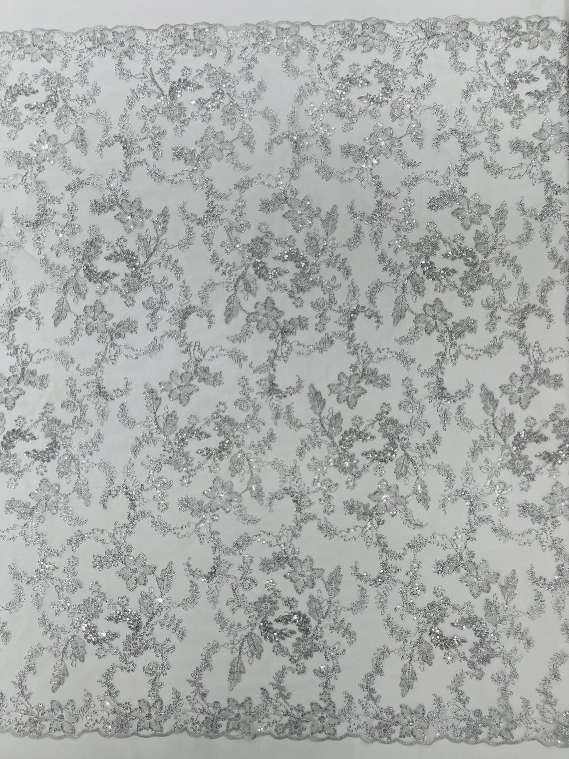 Floral Metallic Lace Fabric - Silver - Corded Embroidered Floral Sequins Fabric by Yard