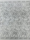 Floral Metallic Lace Fabric - Silver - Corded Embroidered Floral Sequins Fabric by Yard